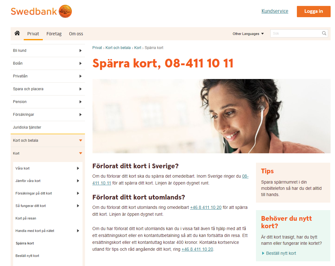Spärra Swedbank kort online, utomlands, internetbank, ID-kort 